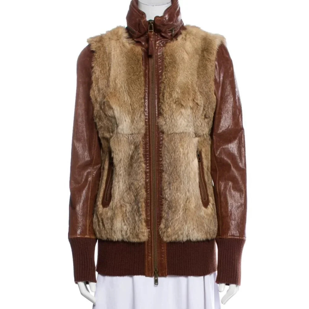 Mackage brown Leather Rabbit Fur Short Bomber Jacket w Hood S